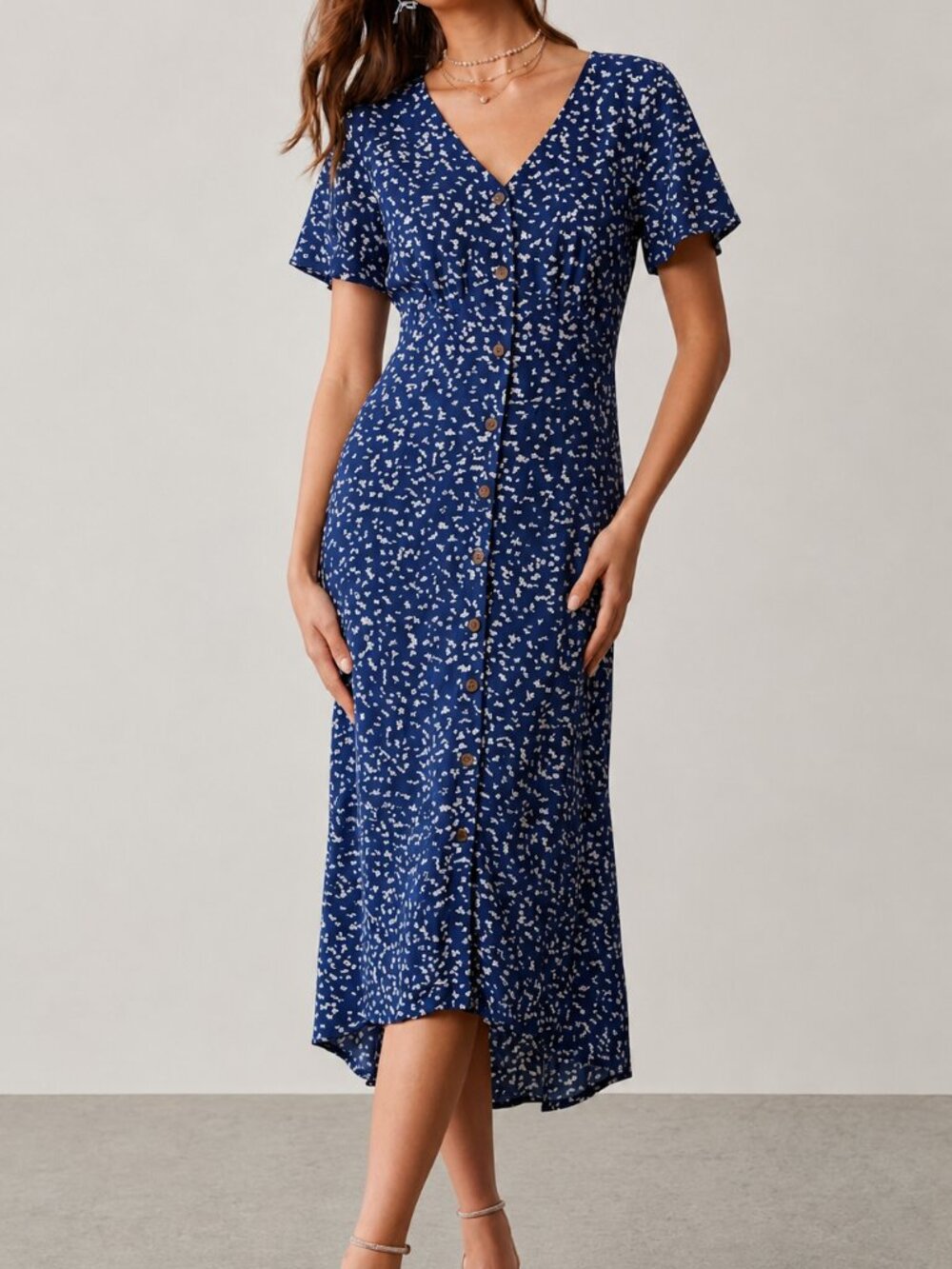 Blue and White Buttoned Short Sleeve Midi High Low Hem Dress
